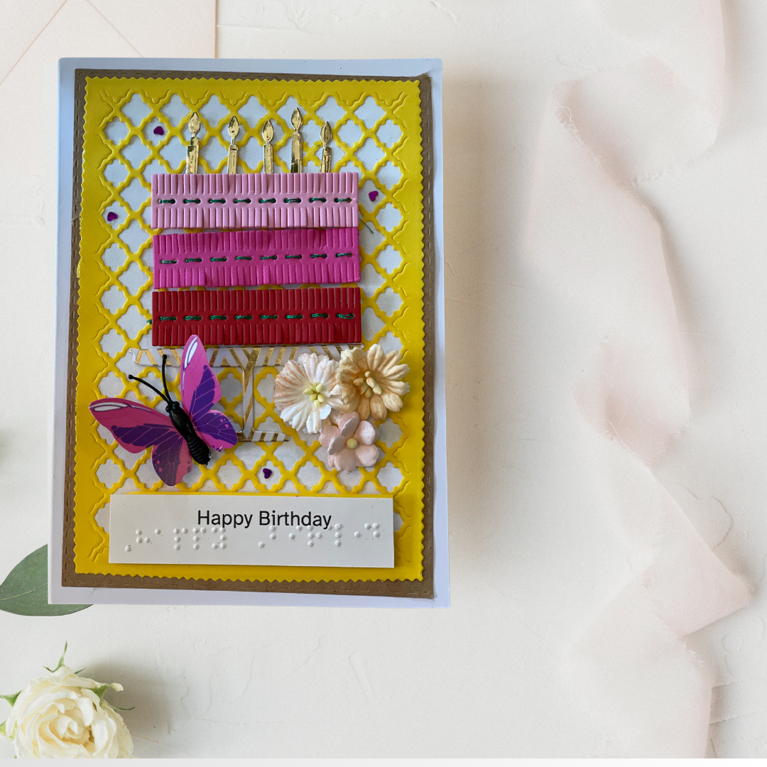 Handmade Braille & Large Print Birthday Card – Pink Stitched Cake Design