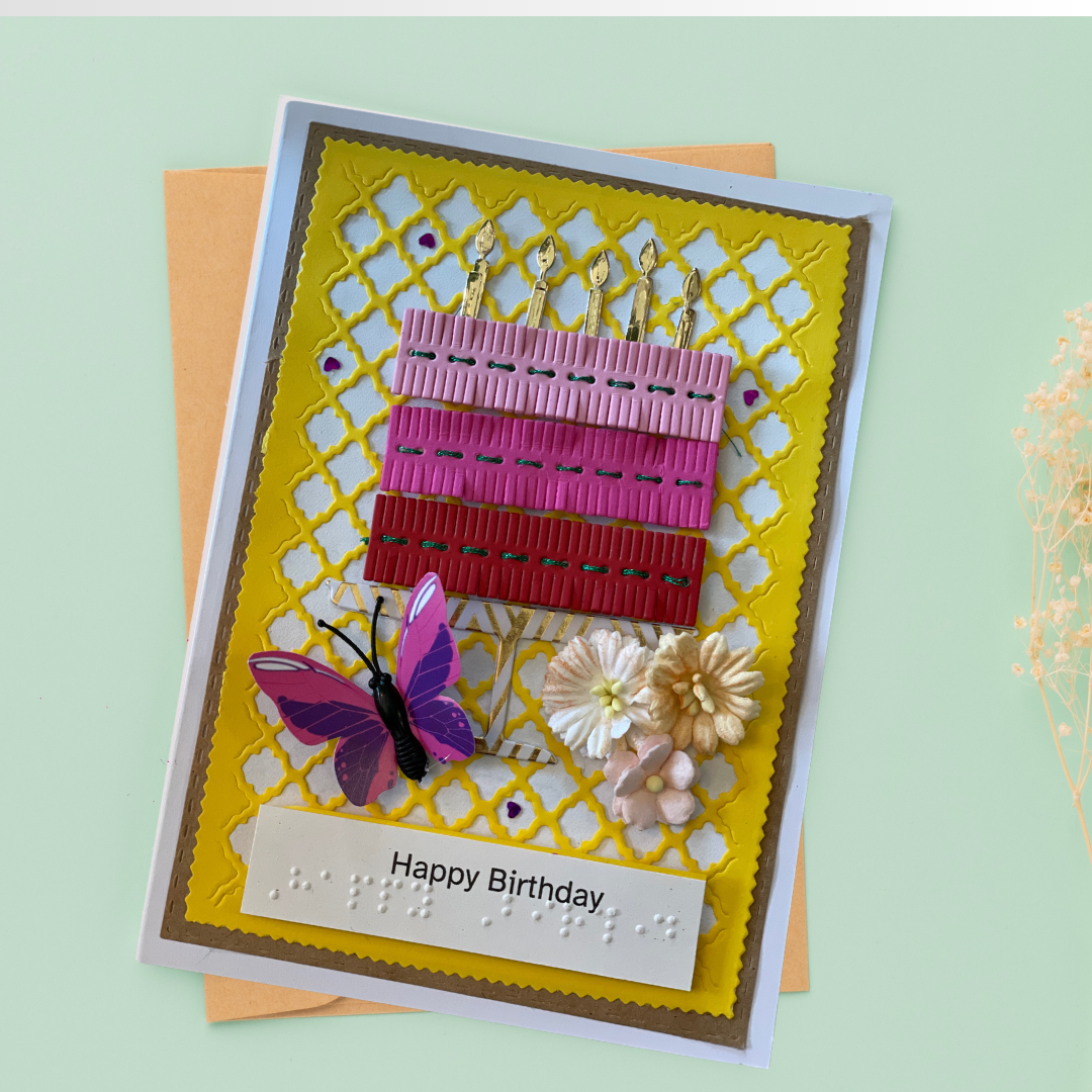 Handmade Braille & Large Print Birthday Card – Pink Stitched Cake Design