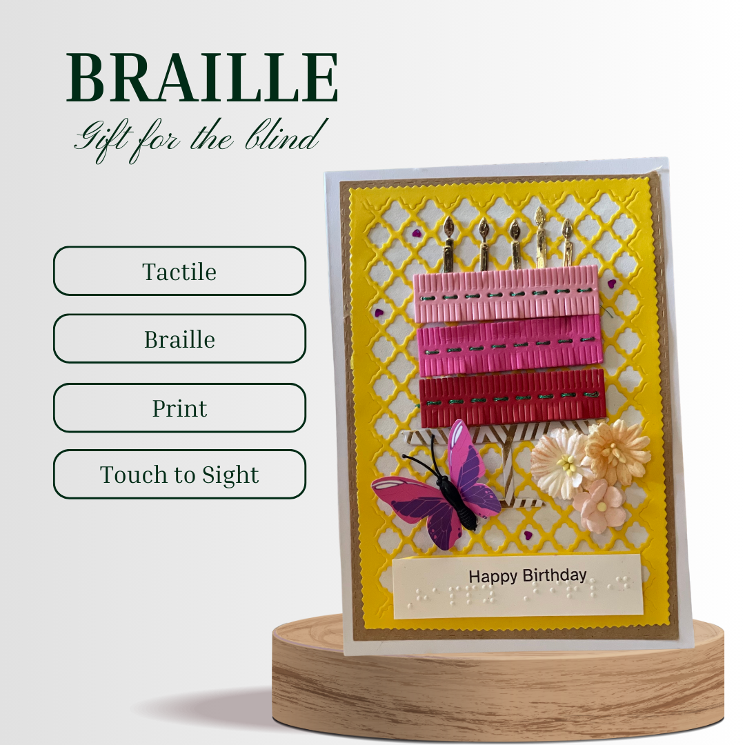 Handmade Braille & Large Print Birthday Card – Pink Stitched Cake Design
