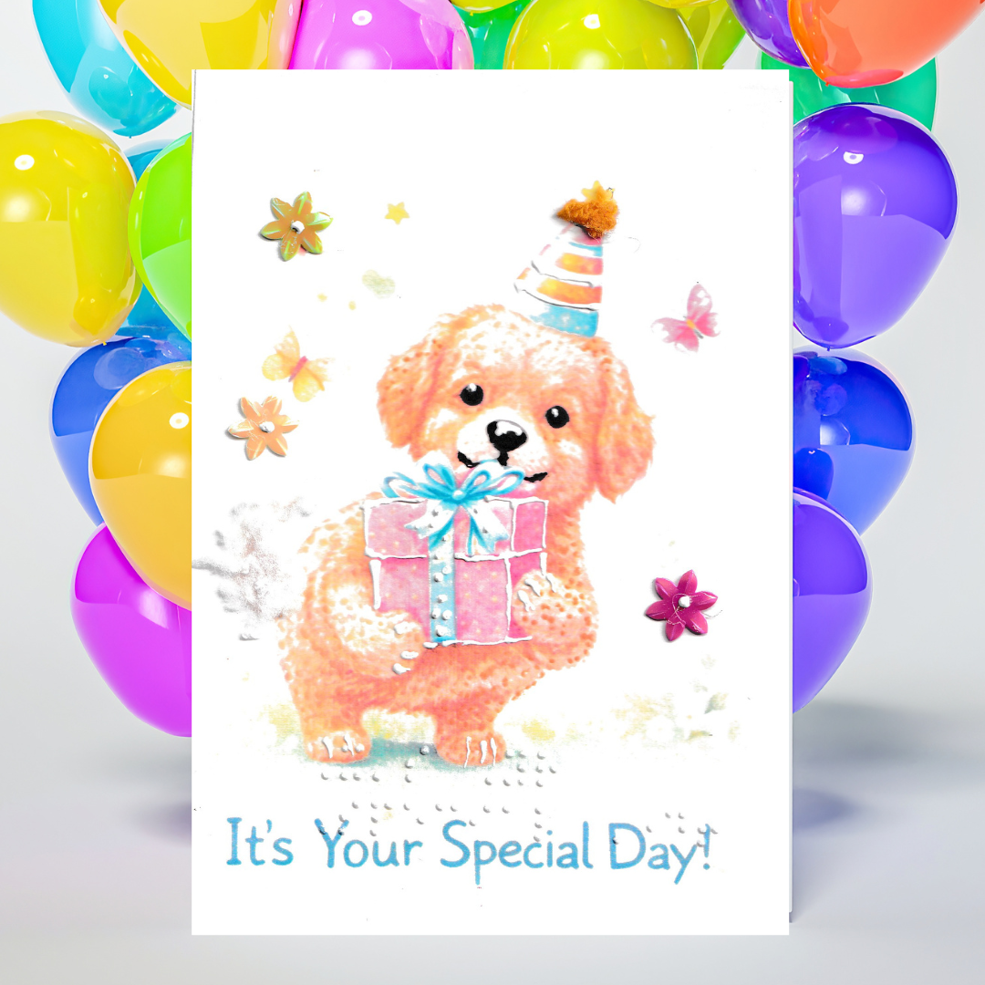 Birthday card with a dog holding a gift and colorful balloons in the background