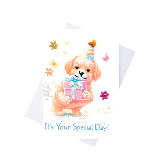 Greeting card with a dog holding a gift and 'It's Your Special Day!' text on a white background