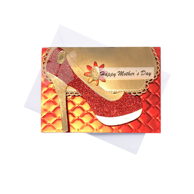 Greeting card with high-heeled shoe design and 'Happy Mother's Day' text on a white background