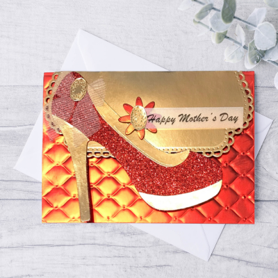 Greeting card with red high heel shoe design and 'Happy Mother's Day' text on a white background.