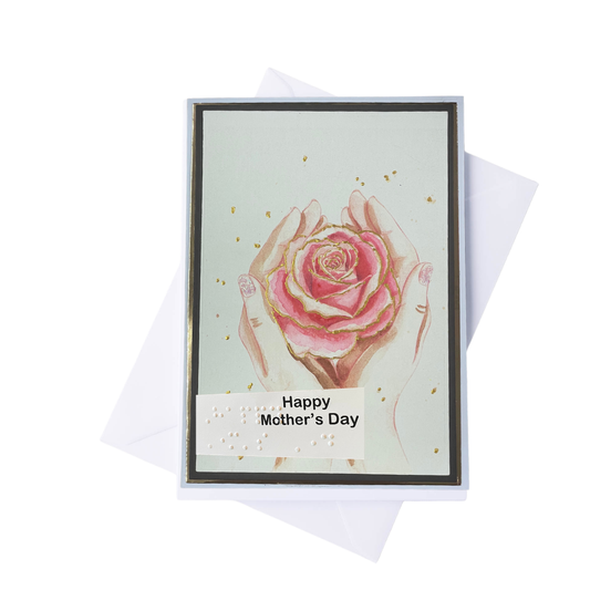 Greeting card with a pink rose and 'Happy Mother's Day' text on a white background