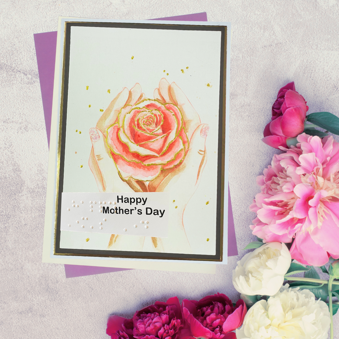 Greeting card with a pink rose and 'Happy Mother's Day' text, surrounded by flowers on a light background.