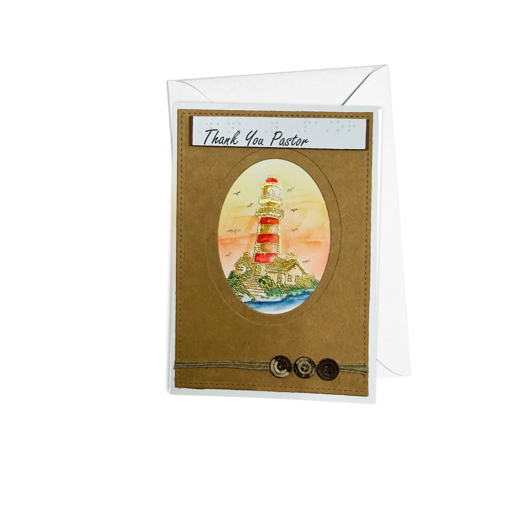 Braille Thank You Pastor Card – Handmade Lighthouse Design
