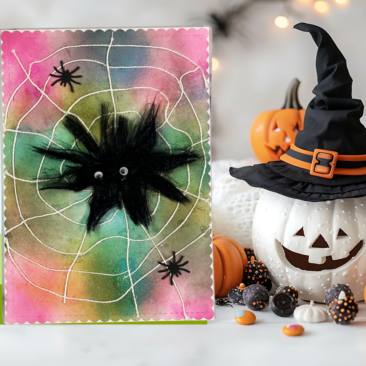 A handmade Halloween card featuring a black fluffy spider on a colorful pink, green, and blue watercolor background with white spiderwebs, displayed next to a white jack-o'-lantern decorated with a black witch hat.