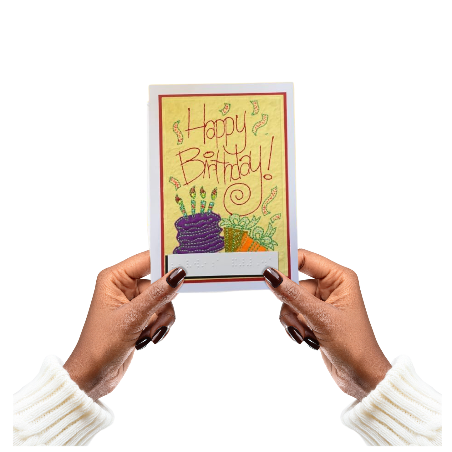 Hands holding a birthday card with a colorful cake emboirdery and 'Happy Birthday!' text.
