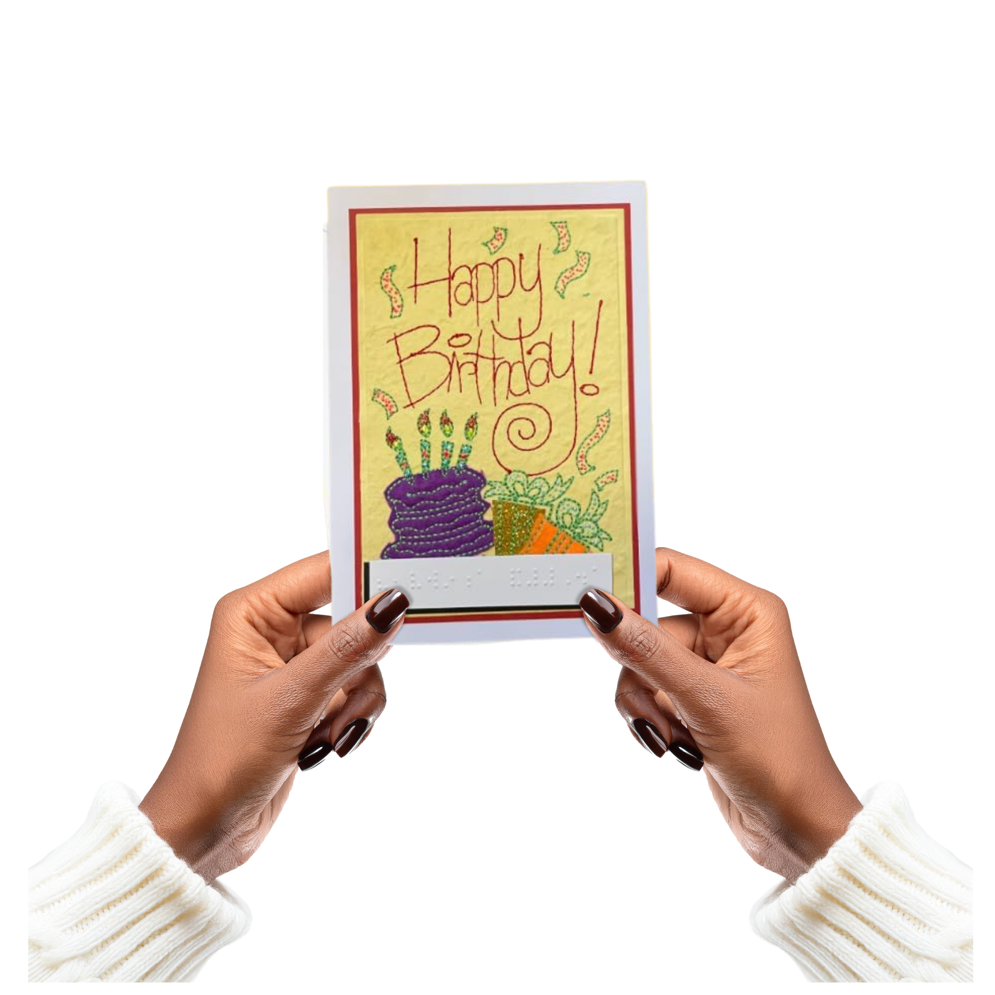 Hands holding a birthday card with a colorful cake emboirdery and 'Happy Birthday!' text.