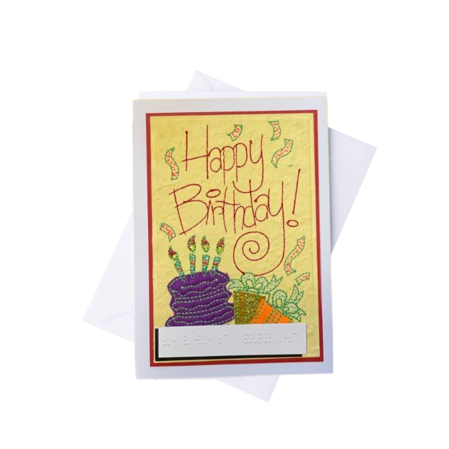 Emboirdery Birthday card with colorful cake illustration and 'Happy Birthday!' text on a white background