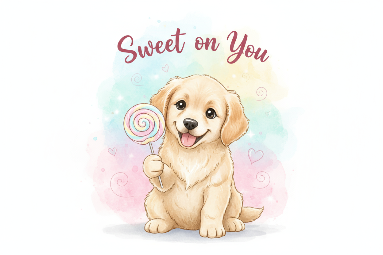 sweet on you greeting card a puppy with a lolly pop in its paw. watercolor background 
