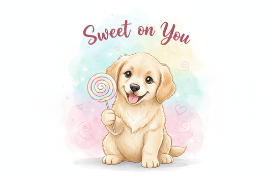 sweet on you greeting card a puppy with a lolly pop in its paw. watercolor background 