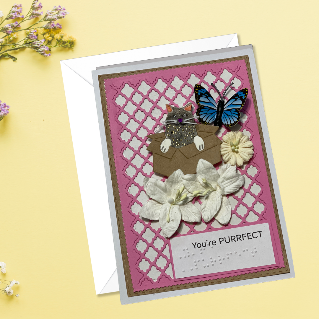 "You're PURRFECT" – Handmade 3D Greeting Card with Braille Large Print