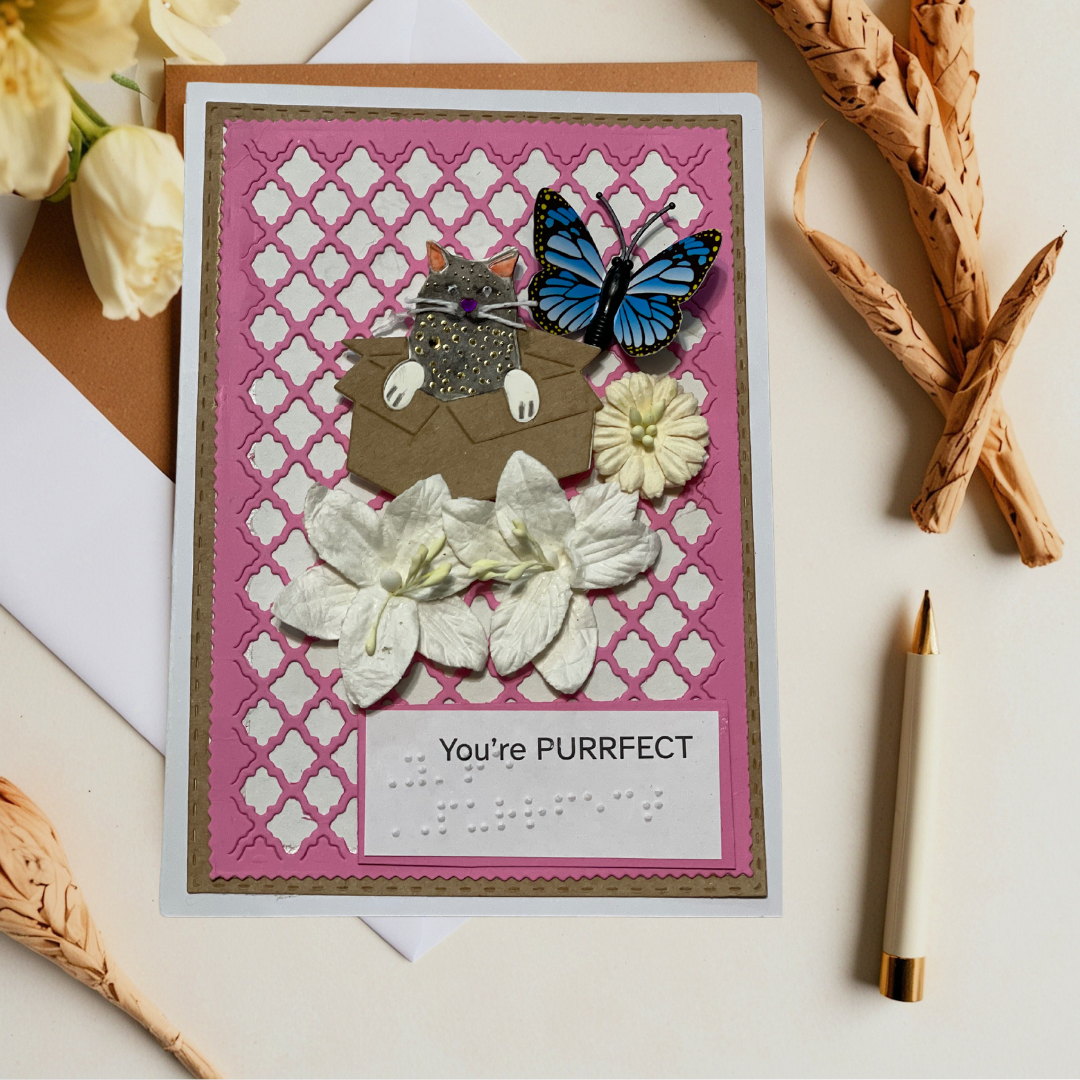 "You're PURRFECT" – Handmade 3D Greeting Card with Braille Large Print
