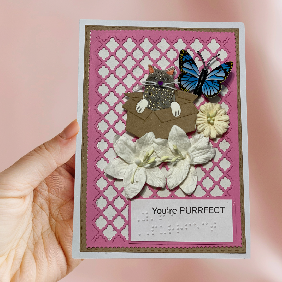 "You're PURRFECT" – Handmade 3D Greeting Card with Braille Large Print